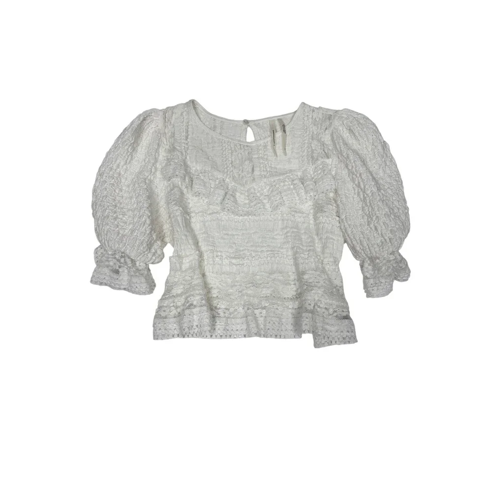 Anthropologie White Lace Puff Sleeve Smocked Ruffle Blouse Top XS